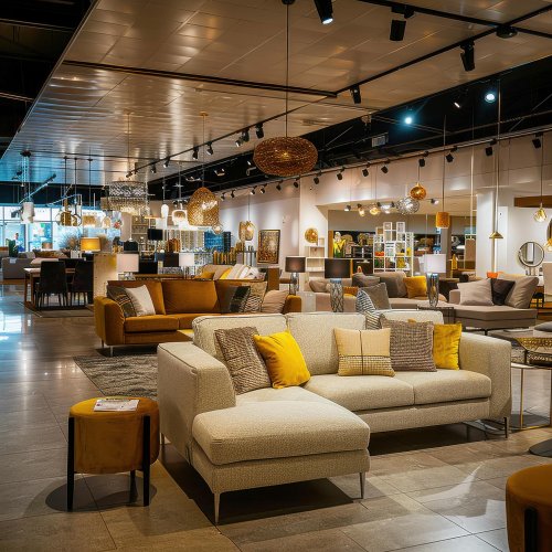 a showroom display of modern luxury furniture, likely from a brand such as Orange Tree or Magari