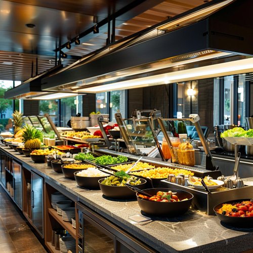 image shows a well-stocked food buffet setup, typically found in a hotel or restaurant setting