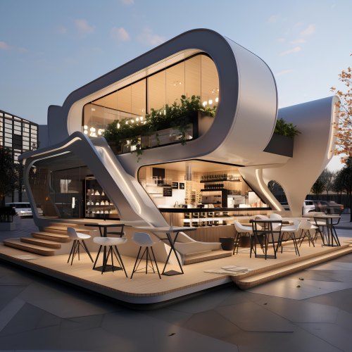 image is an AI-generated rendering of a futuristic cafe or restaurant